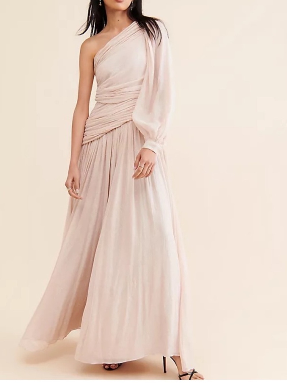 BHLDN Jade Metallic One-Shoulder Asymmetrical-Waist Gown Size 10